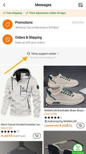 Click on the "Temu Support Center" button