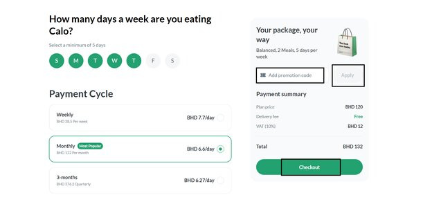 applying promotional code and checkout from Calo