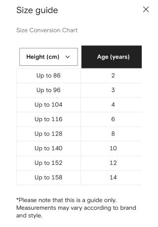 FARFETCH’s size chart for kids’ bottoms