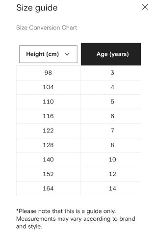 FARFETCH’s size chart for kids’ tops