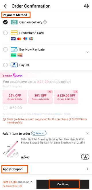 Screenshot of payment method and applying coupon at the Shein app in English
