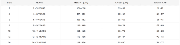 Riva kids size chart for kids clothing