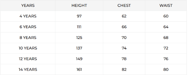 Riva kids tops size chart