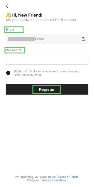 Shein new account registration to apply Shein coupon code