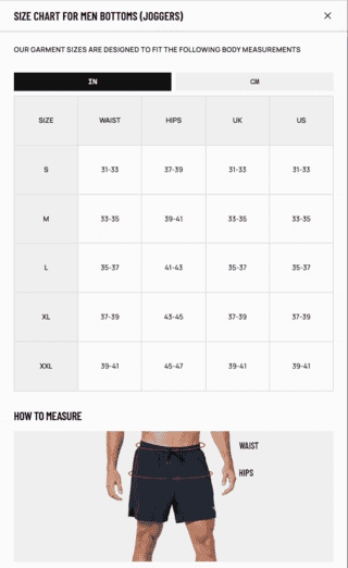 Screenshot of the Size Guide for Men’s Bottoms on SQUATWOLF in English Screenshot of the Size Guide for Men’s Bottoms on SQUATWOLF in English