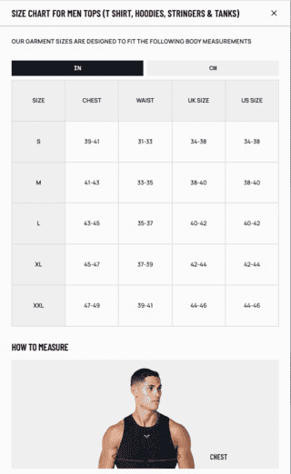 Screenshot of the Size Guide for Men’s Tops on SQUATWOLF in English Screenshot of the Size Guide for Men’s Tops on SQUATWOLF in English
